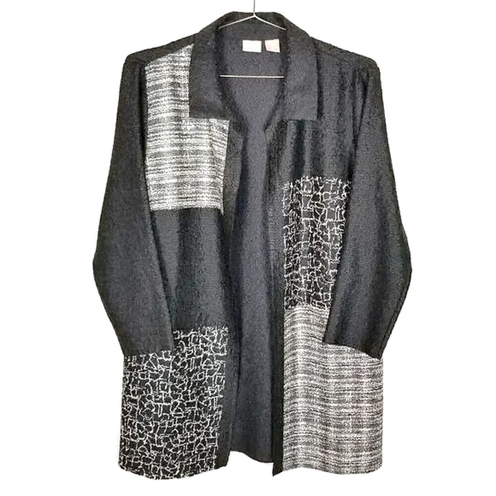Chico's Black & White Long Open-Front Duster Jacket, Light Weight, Ladies Medium